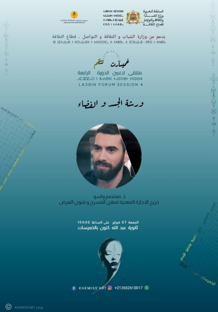 ملصق ورشة الجسد والفضاء المسرحي للمخرج معتصم واسو بثانوية عبد الله كنون